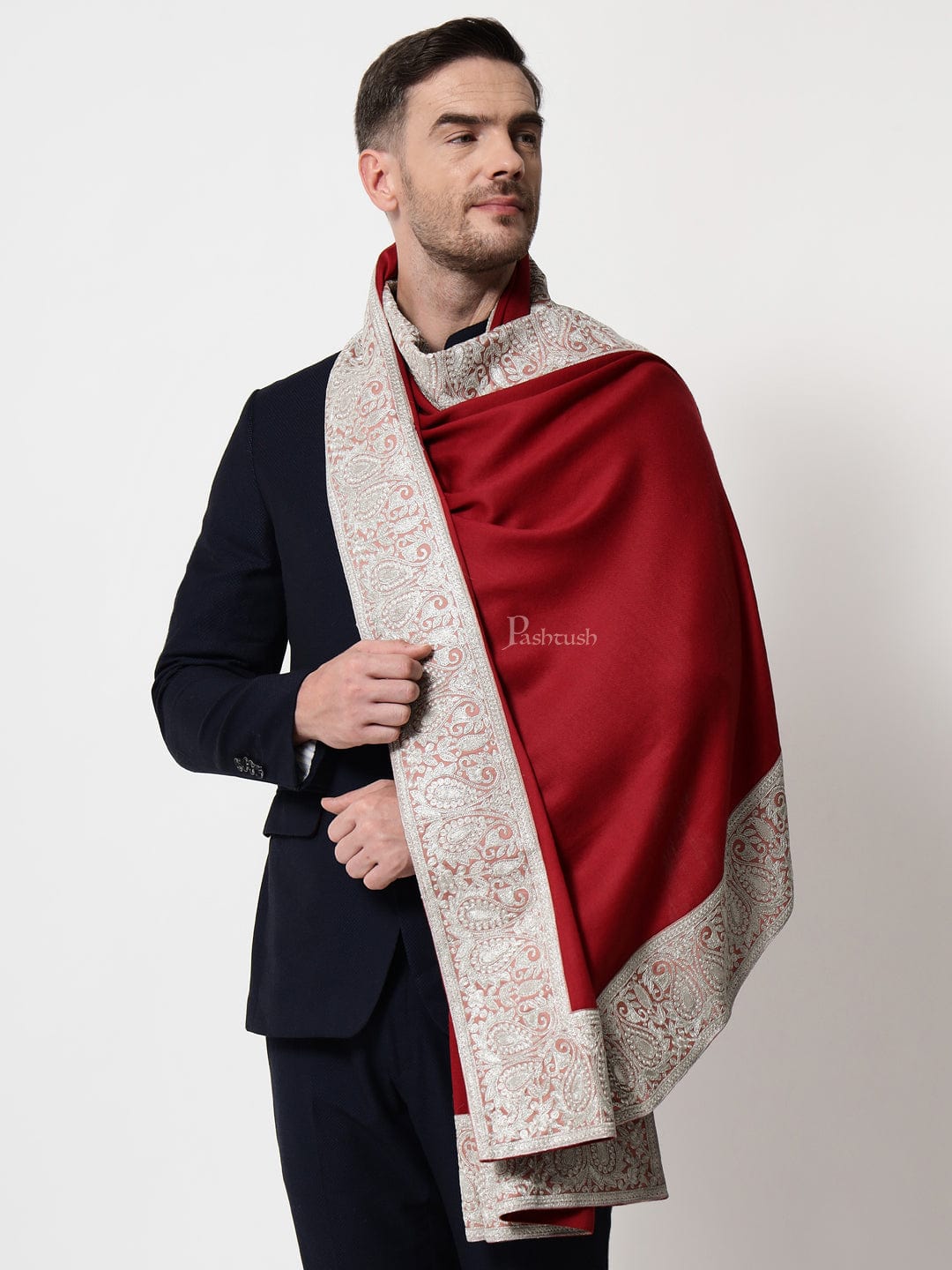 Pashtush India Mens Scarves Stoles and Mufflers Pashtush mens 100% Pure Wool with Woolmark Certificate shawl, Metallic Tilla border weave design, Maroon