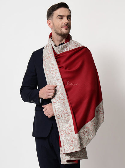 Pashtush India Mens Scarves Stoles and Mufflers Pashtush mens 100% Pure Wool with Woolmark Certificate shawl, Metallic Tilla border weave design, Maroon