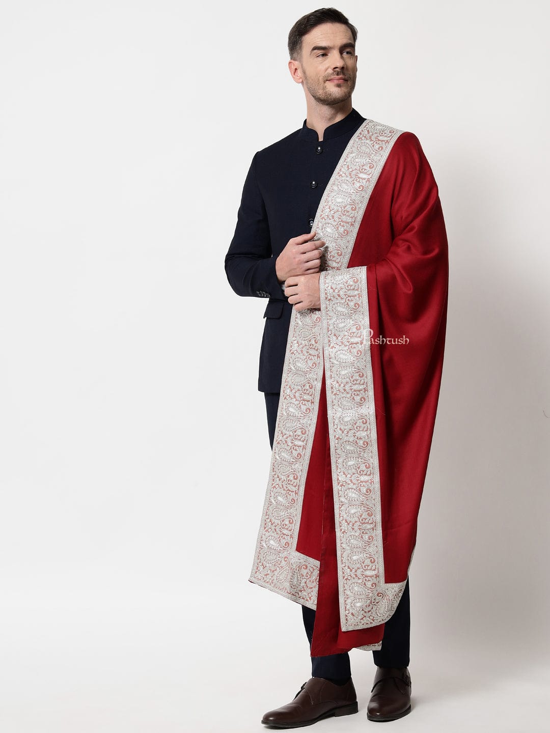 Pashtush India Mens Scarves Stoles and Mufflers Pashtush mens 100% Pure Wool with Woolmark Certificate shawl, Metallic Tilla border weave design, Maroon