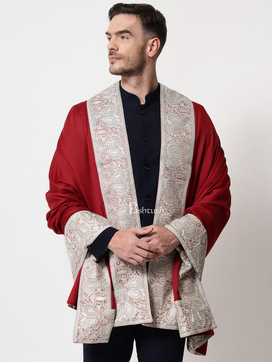 Pashtush India Mens Scarves Stoles and Mufflers Pashtush mens 100% Pure Wool with Woolmark Certificate shawl, Metallic Tilla border weave design, Maroon