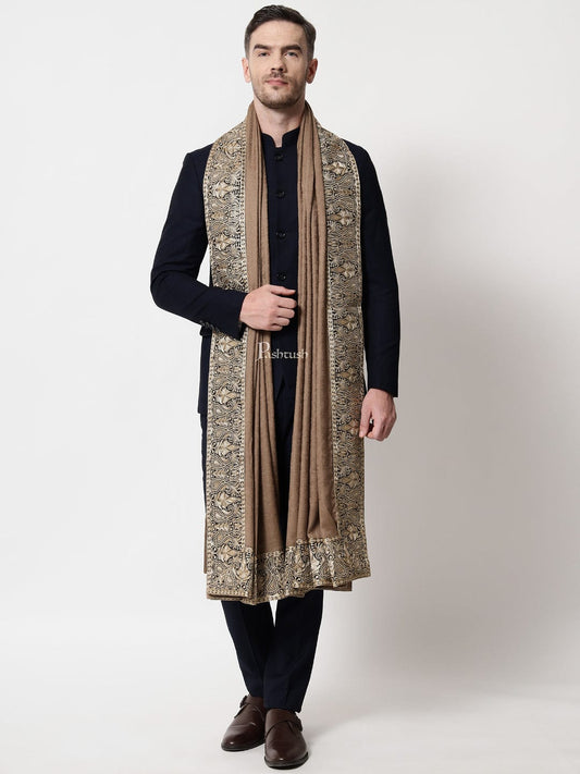 Pashtush India Mens Shawls Gents Shawl Pashtush mens 100% Pure Wool with Woolmark Certificate shawl, Metallic Tilla border weave design, Taupe
