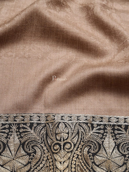 Pashtush India Mens Shawls Gents Shawl Pashtush mens 100% Pure Wool with Woolmark Certificate shawl, Metallic Tilla border weave design, Taupe