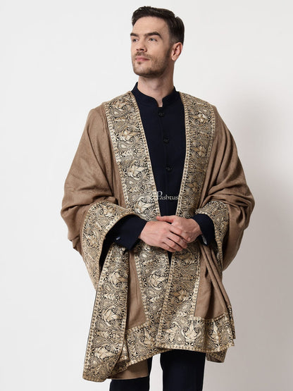 Pashtush India Mens Shawls Gents Shawl Pashtush mens 100% Pure Wool with Woolmark Certificate shawl, Metallic Tilla border weave design, Taupe