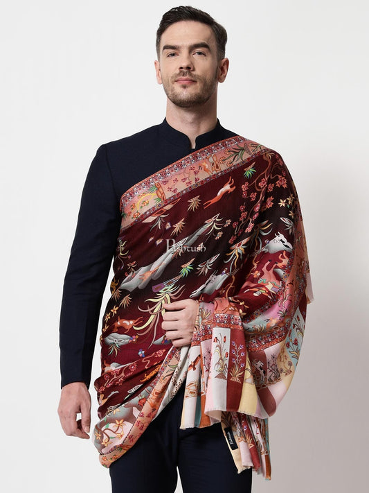 Pashtush India Mens Shawls Gents Shawl Pashtush mens 100% Pure Wool with Woolmark Certificate shawl, Shikaar-Dar design, Multicolour