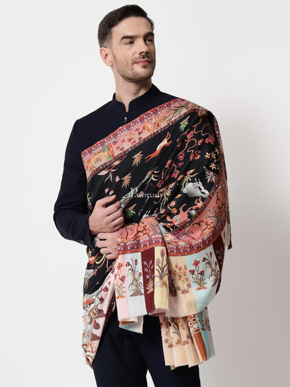 Pashtush India Mens Shawls Gents Shawl Pashtush mens 100% Pure Wool with Woolmark Certificate shawl, Shikaar-Dar design, Multicolour