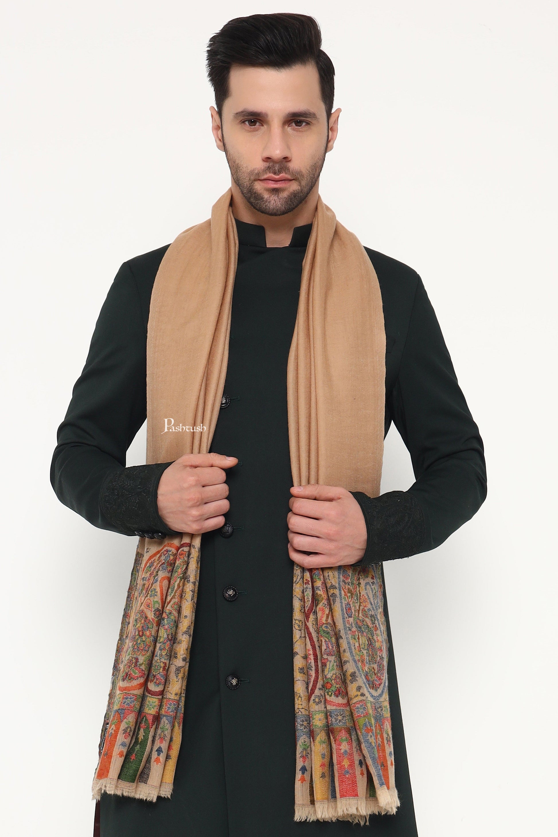 Pashtush India Mens Scarves Stoles and Mufflers Pashtush Mens 100% Pure Wool With Woolmark Certificate Stole, Ambi Design, Beige