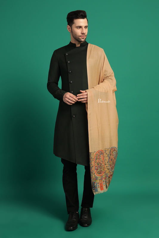 Pashtush India Mens Scarves Stoles and Mufflers Pashtush Mens 100% Pure Wool With Woolmark Certificate Stole, Ambi Design, Beige