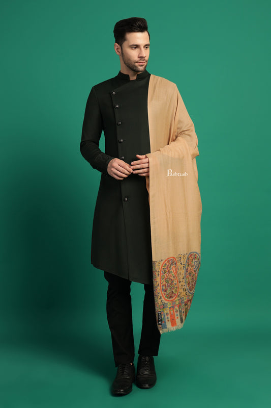 Pashtush India Mens Scarves Stoles and Mufflers Pashtush Mens 100% Pure Wool With Woolmark Certificate Stole, Ambi Design, Beige
