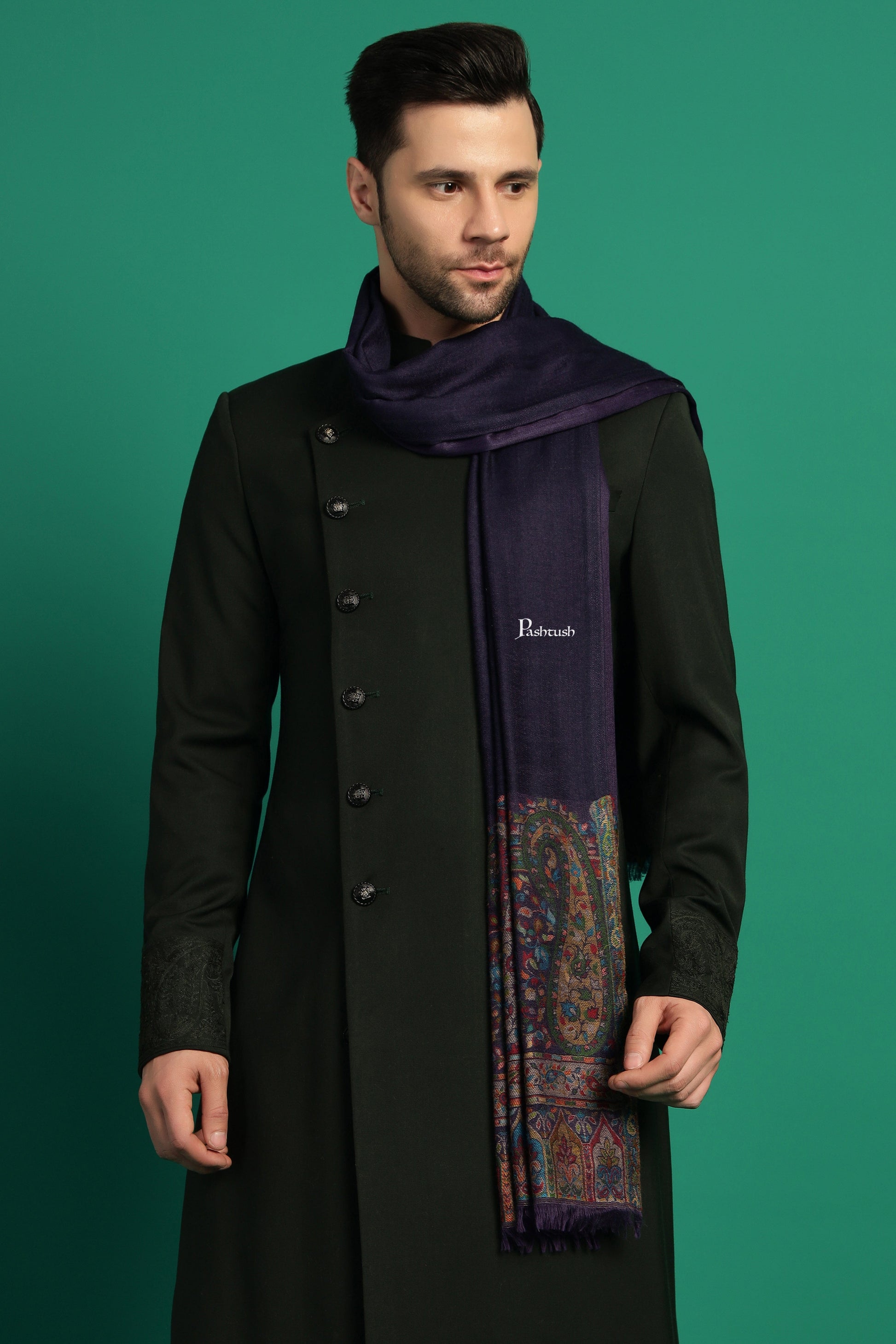 Pashtush India Mens Scarves Stoles and Mufflers Pashtush Mens 100% Pure Wool With Woolmark Certificate Stole, Ambi Palla Design, Blue