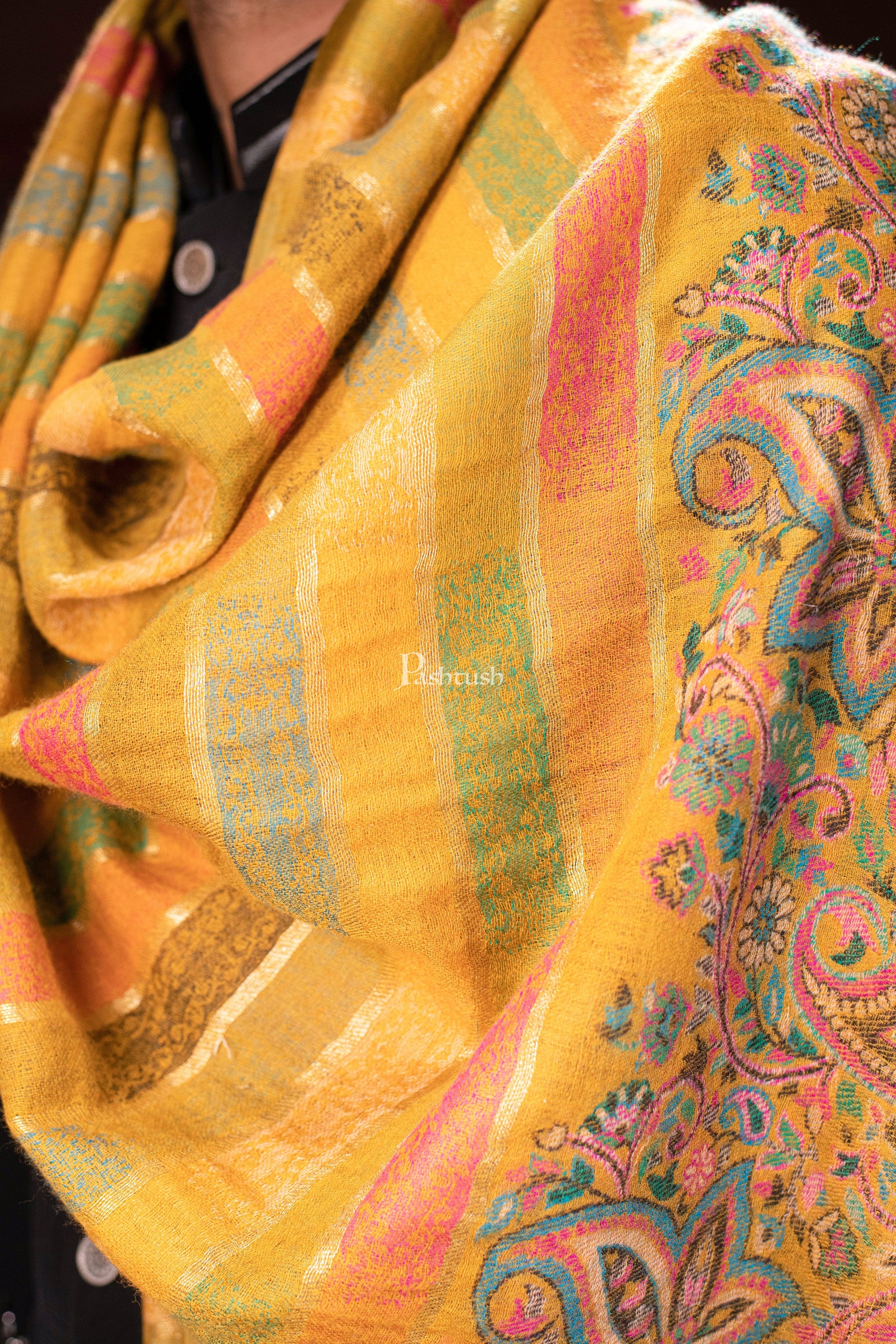 Pashtush India Mens Scarves Stoles and Mufflers Pashtush mens 100% Pure Wool with Woolmark Certificate stole, Ethnic Stripe design, Mustard