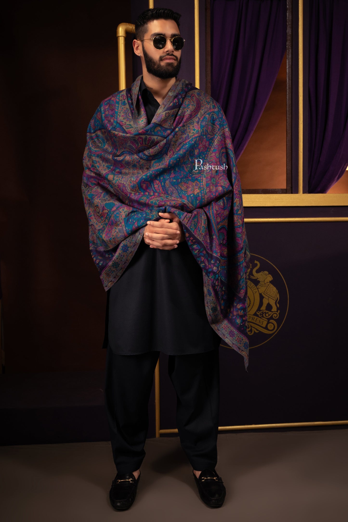 Pashtush India Mens Scarves Stoles and Mufflers Pashtush Mens 100% Pure Wool With Woolmark Certificate Stole, Ethnic Weave Soft And Warm Design, Blue