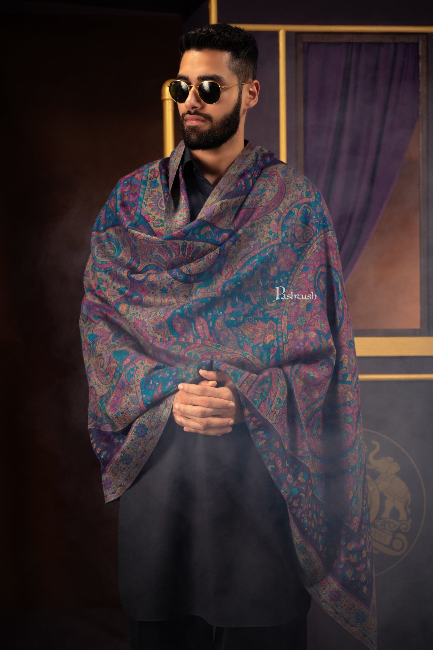 Pashtush India Mens Scarves Stoles and Mufflers Pashtush Mens 100% Pure Wool With Woolmark Certificate Stole, Ethnic Weave Soft And Warm Design, Blue