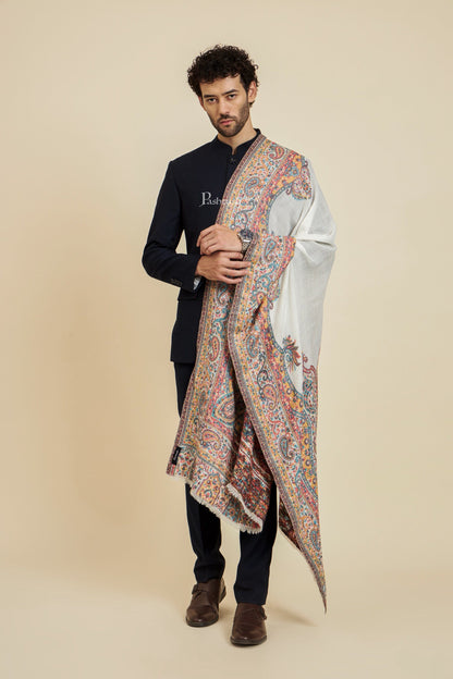 Pashtush India Mens Scarves Stoles and Mufflers Pashtush Mens 100% Pure Wool With Woolmark Certificate Stole, Heritage Antique Design, Ivory