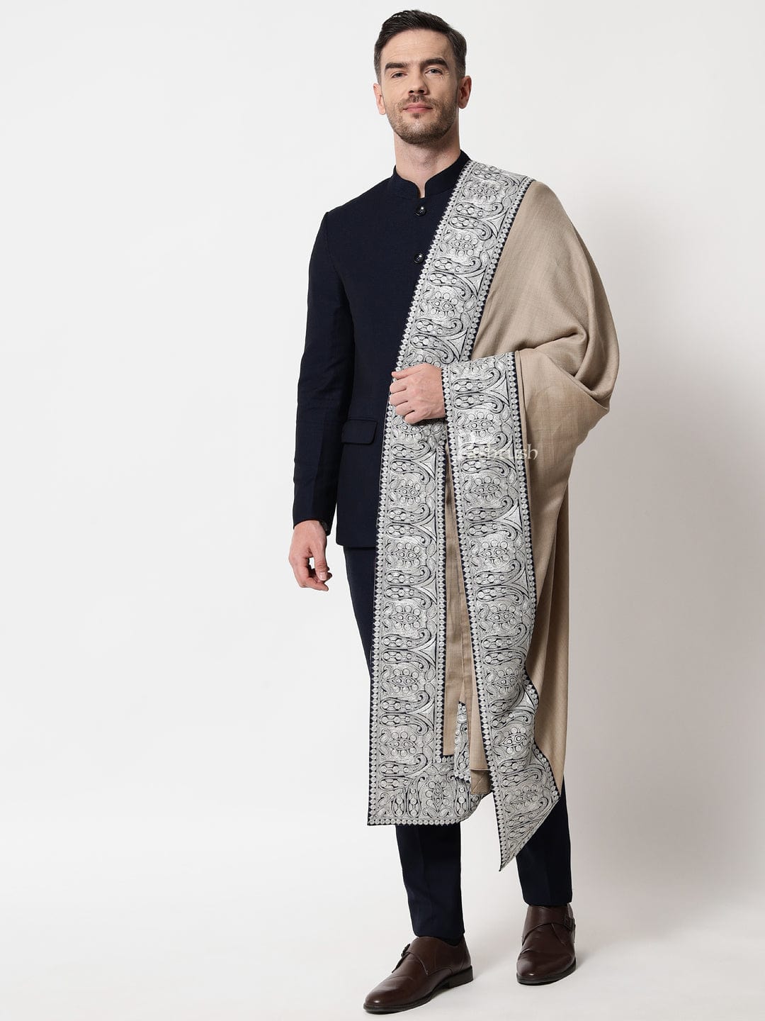 Pashtush India Mens Scarves Stoles and Mufflers Pashtush mens 100% Pure Wool with Woolmark Certificate stole, Metallic Tilla border weave design, Beige
