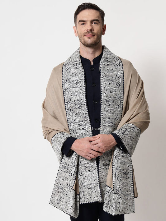Pashtush India Mens Scarves Stoles and Mufflers Pashtush mens 100% Pure Wool with Woolmark Certificate stole, Metallic Tilla border weave design, Beige