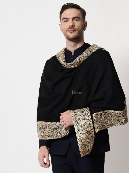 Pashtush India Mens Scarves Stoles and Mufflers Pashtush mens 100% Pure Wool with Woolmark Certificate stole, Metallic Tilla border weave design, Black