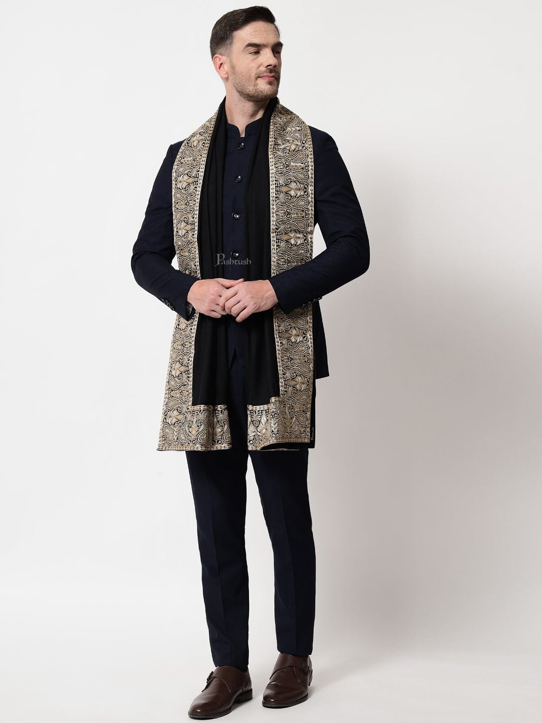 Pashtush India Mens Scarves Stoles and Mufflers Pashtush mens 100% Pure Wool with Woolmark Certificate stole, Metallic Tilla border weave design, Black