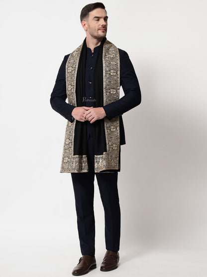 Pashtush India Mens Scarves Stoles and Mufflers Pashtush mens 100% Pure Wool with Woolmark Certificate stole, Metallic Tilla border weave design, Black