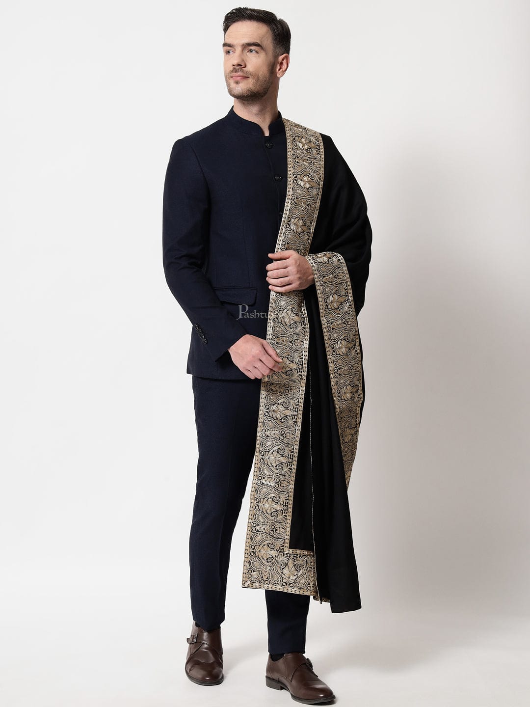 Pashtush India Mens Scarves Stoles and Mufflers Pashtush mens 100% Pure Wool with Woolmark Certificate stole, Metallic Tilla border weave design, Black