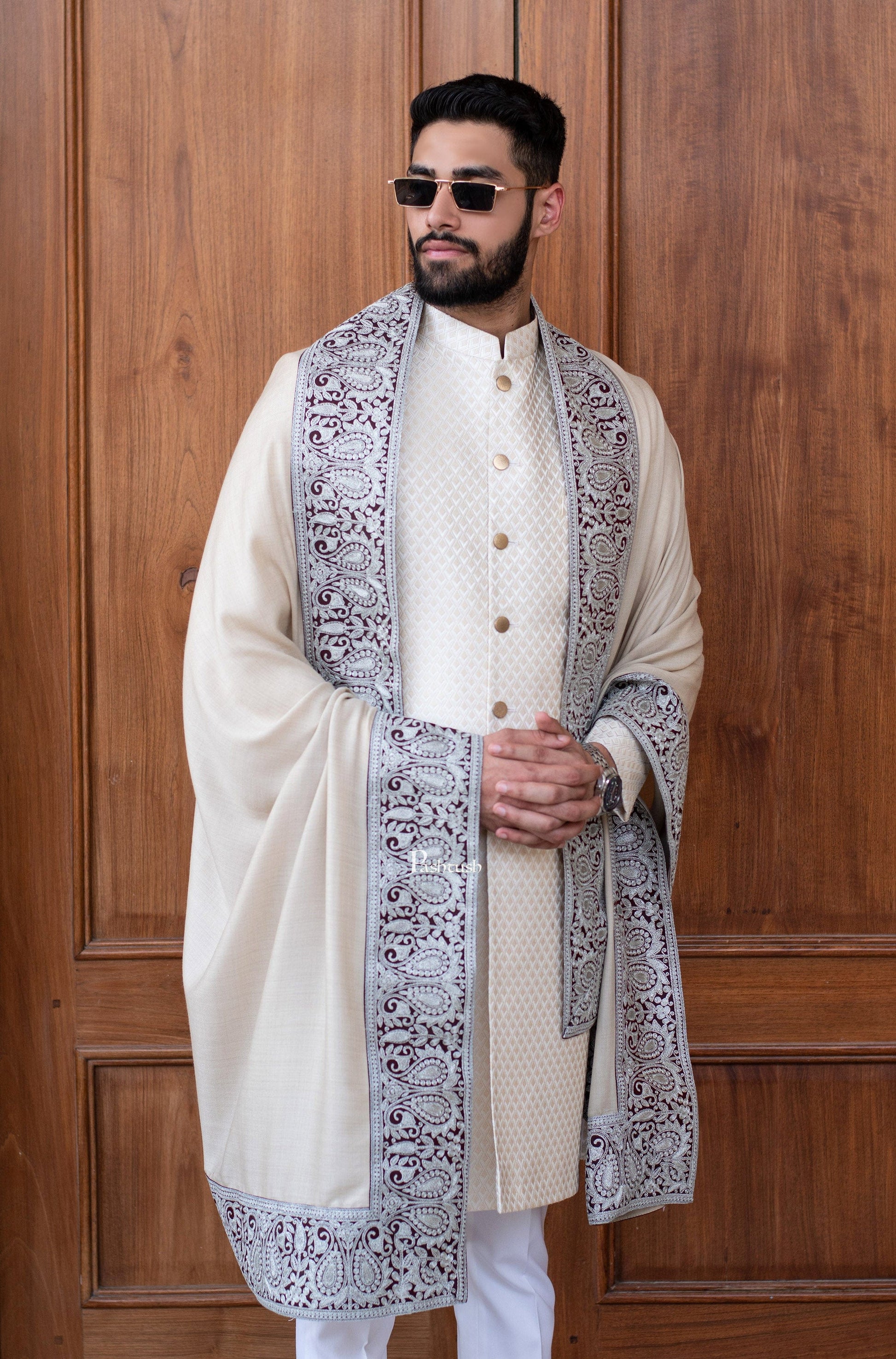 Pashtush India Mens Scarves Stoles and Mufflers Pashtush mens 100% Pure Wool with Woolmark Certificate stole, Metallic Tilla border weave design, Taupe
