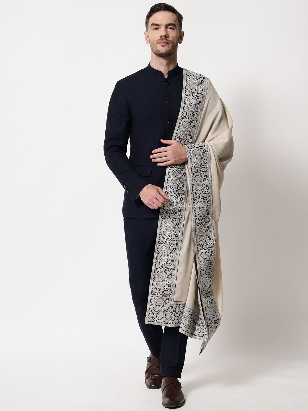 Pashtush India Mens Scarves Stoles and Mufflers Pashtush mens 100% Pure Wool with Woolmark Certificate stole, Metallic Tilla border weave design, Taupe