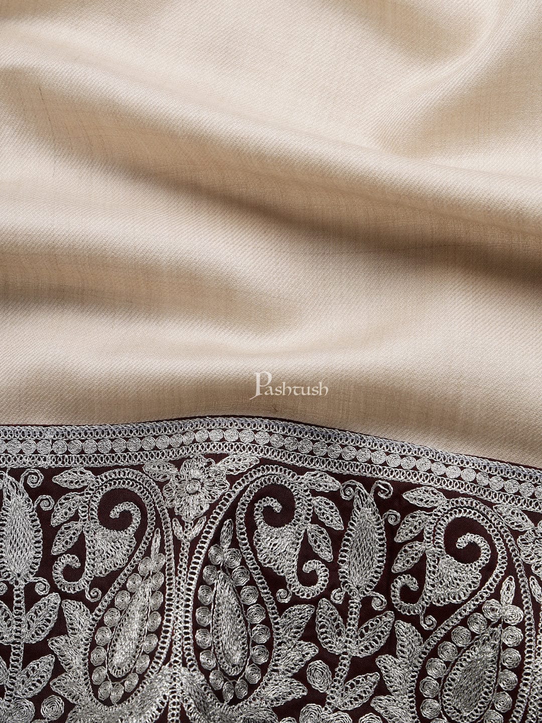 Pashtush India Mens Scarves Stoles and Mufflers Pashtush mens 100% Pure Wool with Woolmark Certificate stole, Metallic Tilla border weave design, Taupe