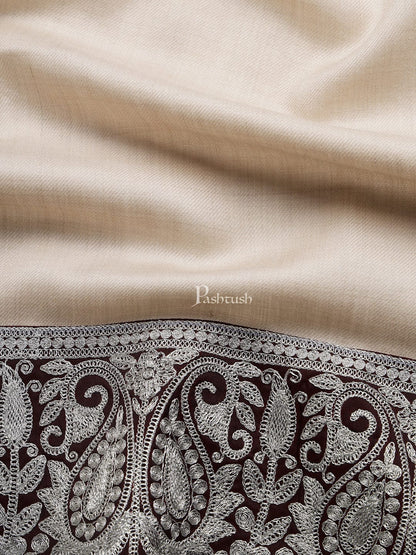 Pashtush India Mens Scarves Stoles and Mufflers Pashtush mens 100% Pure Wool with Woolmark Certificate stole, Metallic Tilla border weave design, Taupe