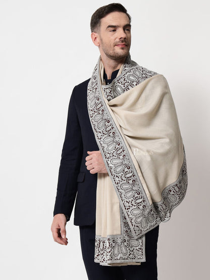 Pashtush India Mens Scarves Stoles and Mufflers Pashtush mens 100% Pure Wool with Woolmark Certificate stole, Metallic Tilla border weave design, Taupe