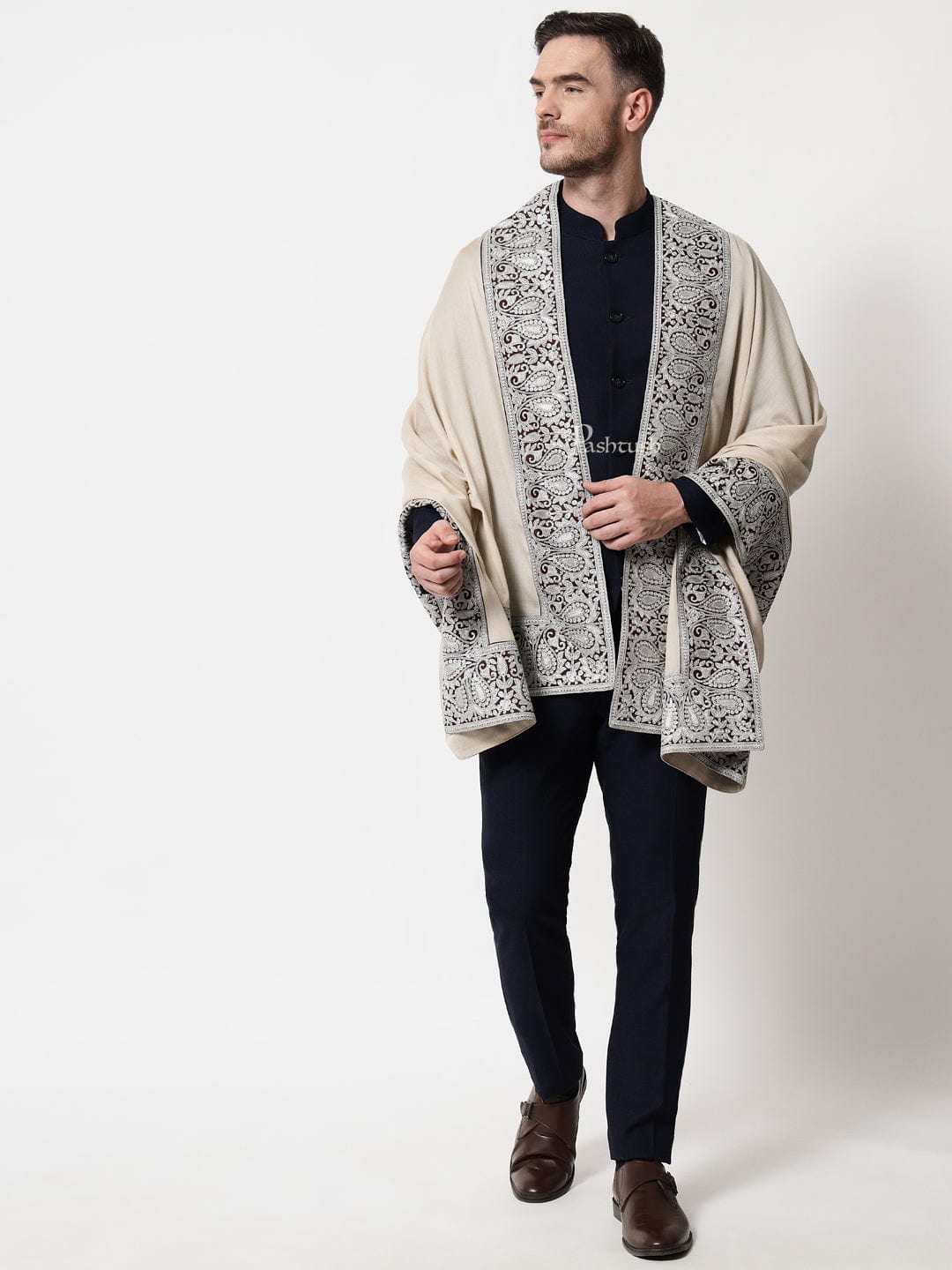 Pashtush India Mens Scarves Stoles and Mufflers Pashtush mens 100% Pure Wool with Woolmark Certificate stole, Metallic Tilla border weave design, Taupe