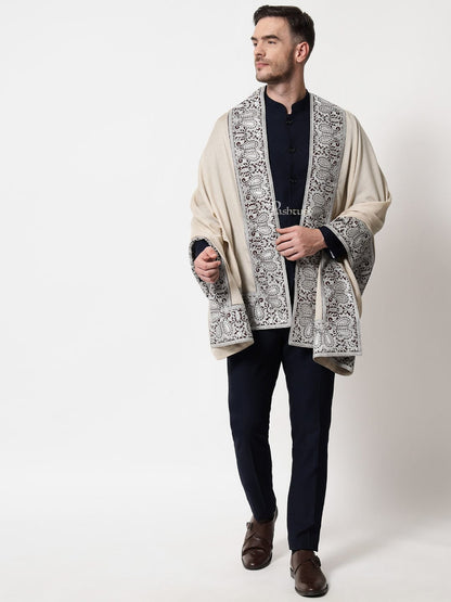 Pashtush India Mens Scarves Stoles and Mufflers Pashtush mens 100% Pure Wool with Woolmark Certificate stole, Metallic Tilla border weave design, Taupe