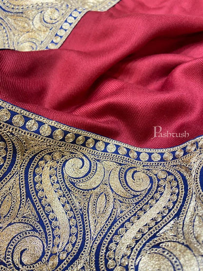 Pashtush India Mens Scarves Stoles and Mufflers Pashtush mens 100% Pure Wool with Woolmark Certificate stole, Metallic Tilla golden border weave design, Maroon