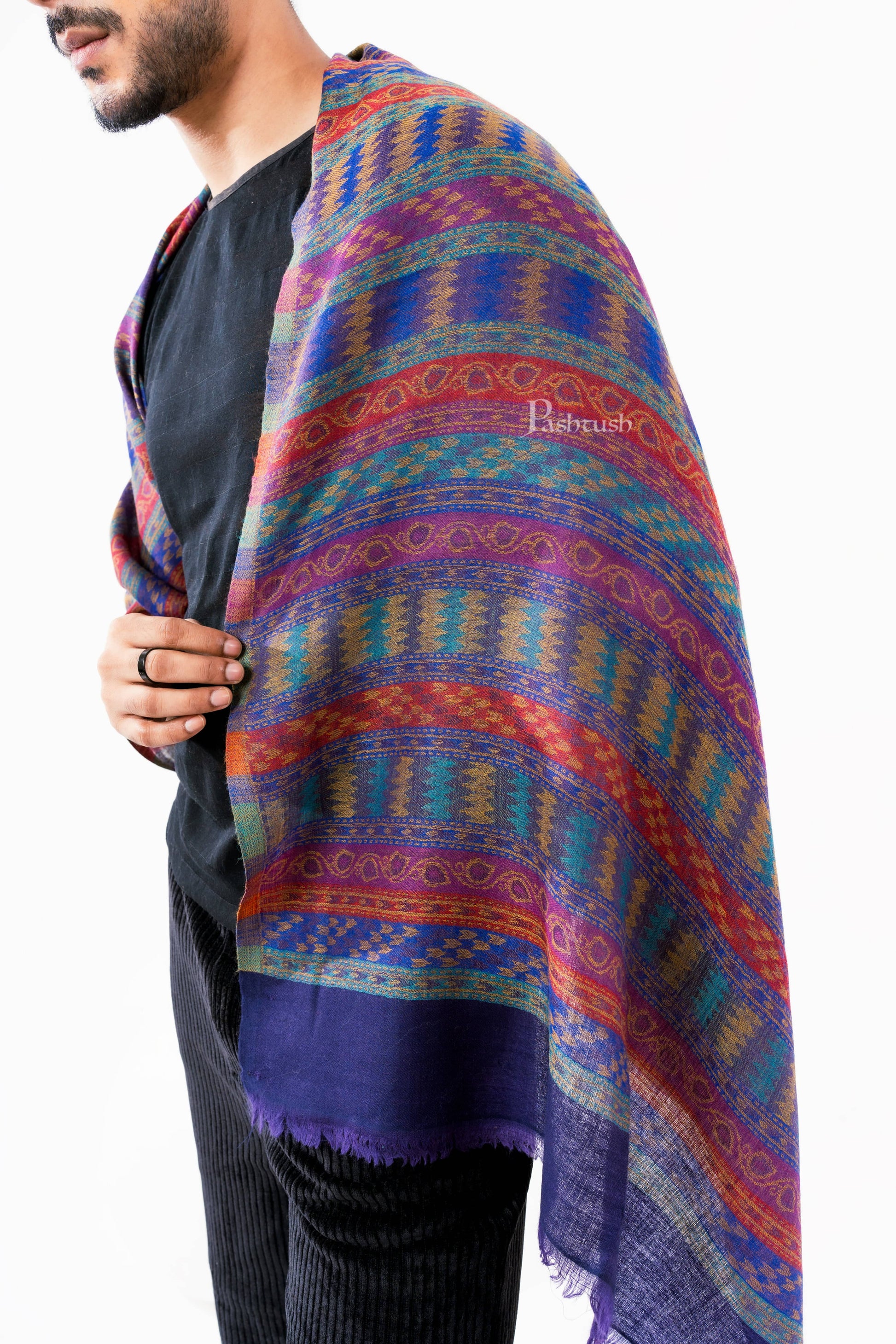 Pashtush India Mens Scarves Stoles and Mufflers Pashtush Mens 100% Pure Wool With Woolmark Certificate Stole, Mutli Stripe Design, Blue