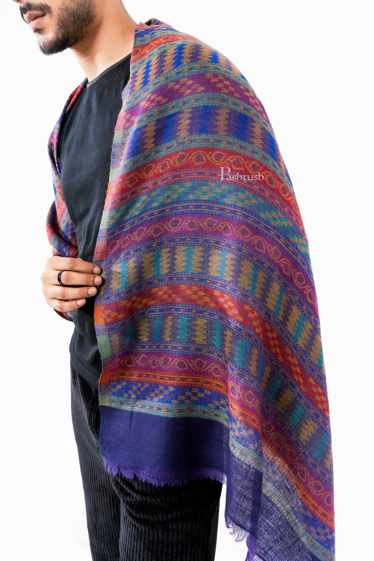 Pashtush India Mens Scarves Stoles and Mufflers Pashtush Mens 100% Pure Wool With Woolmark Certificate Stole, Mutli Stripe Design, Blue