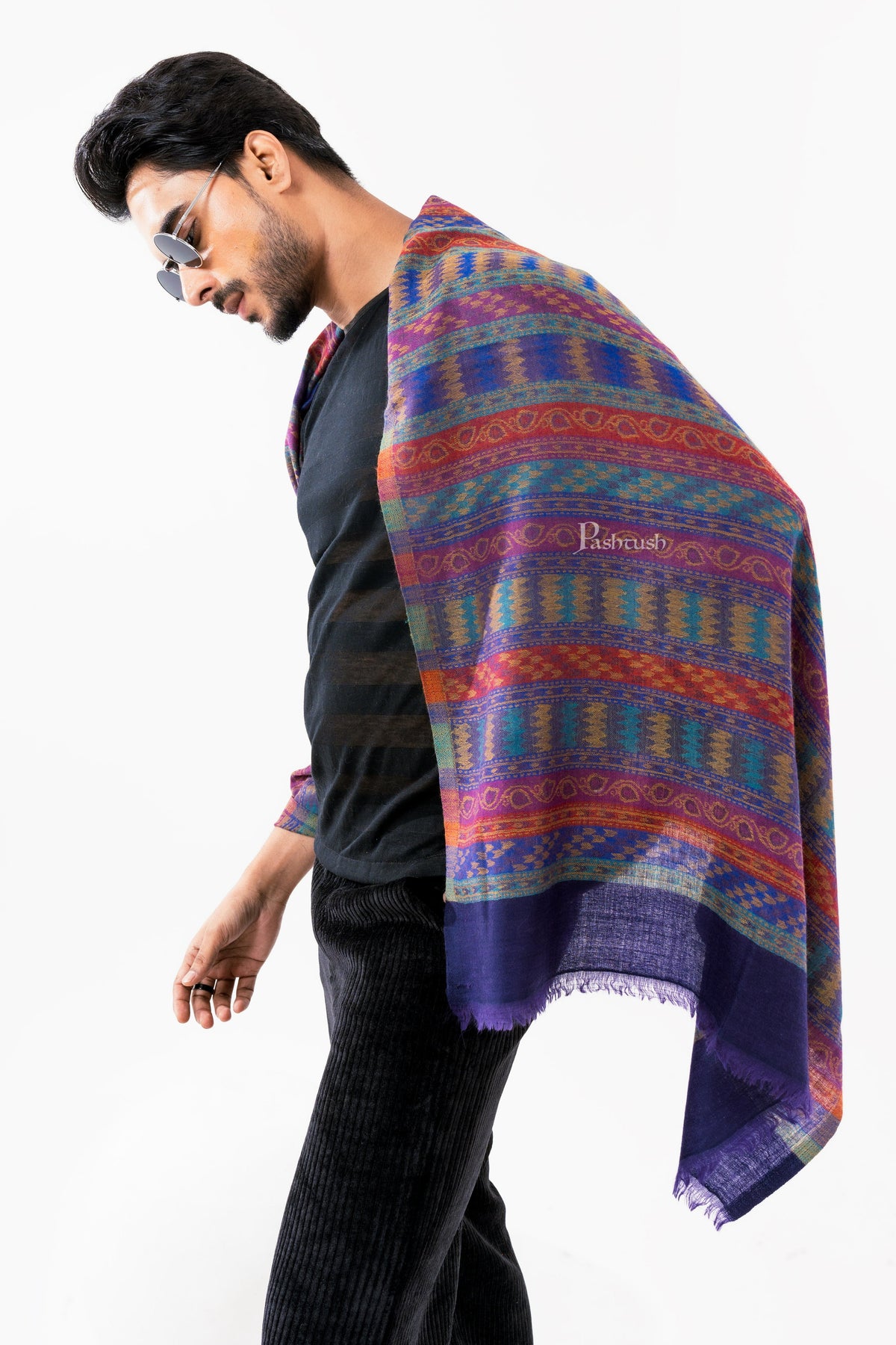 Pashtush India Mens Scarves Stoles and Mufflers Pashtush Mens 100% Pure Wool With Woolmark Certificate Stole, Mutli Stripe Design, Blue