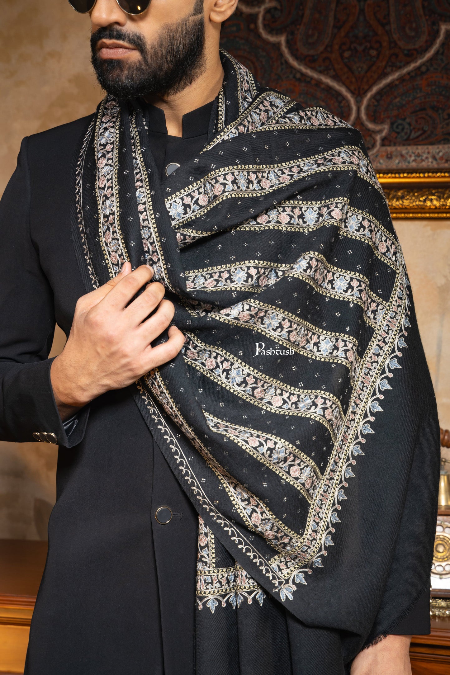 Pashtush India Mens Scarves Stoles and Mufflers Pashtush Mens 100% Pure Wool With Woolmark Certificate Stole, Nalki Embroidery With Crystal Design, Black