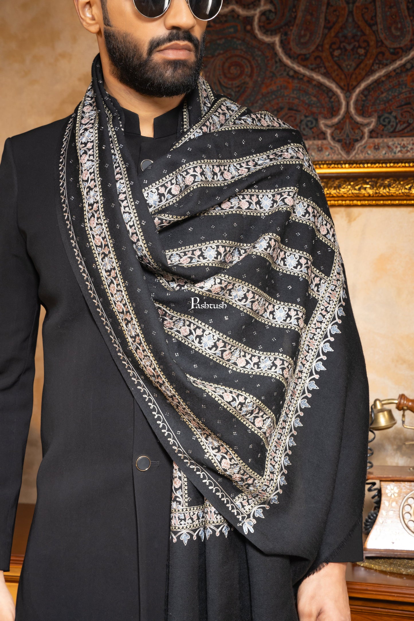 Pashtush India Mens Scarves Stoles and Mufflers Pashtush Mens 100% Pure Wool With Woolmark Certificate Stole, Nalki Embroidery With Crystal Design, Black