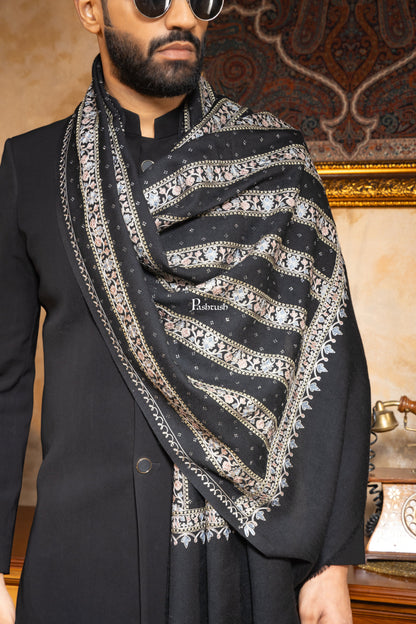 Pashtush India Mens Scarves Stoles and Mufflers Pashtush Mens 100% Pure Wool With Woolmark Certificate Stole, Nalki Embroidery With Crystal Design, Black