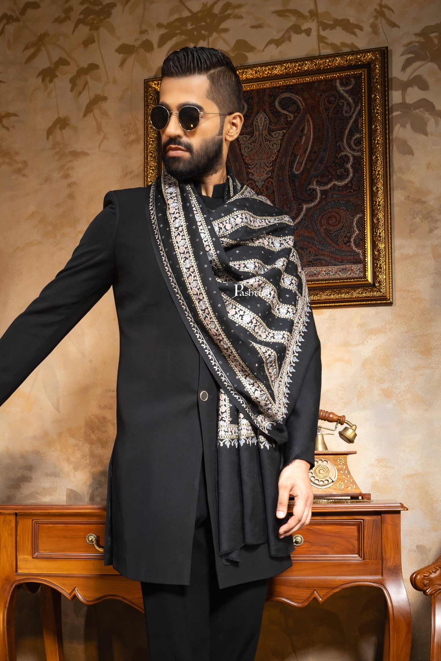 Pashtush India Mens Scarves Stoles and Mufflers Pashtush Mens 100% Pure Wool With Woolmark Certificate Stole, Nalki Embroidery With Crystal Design, Black