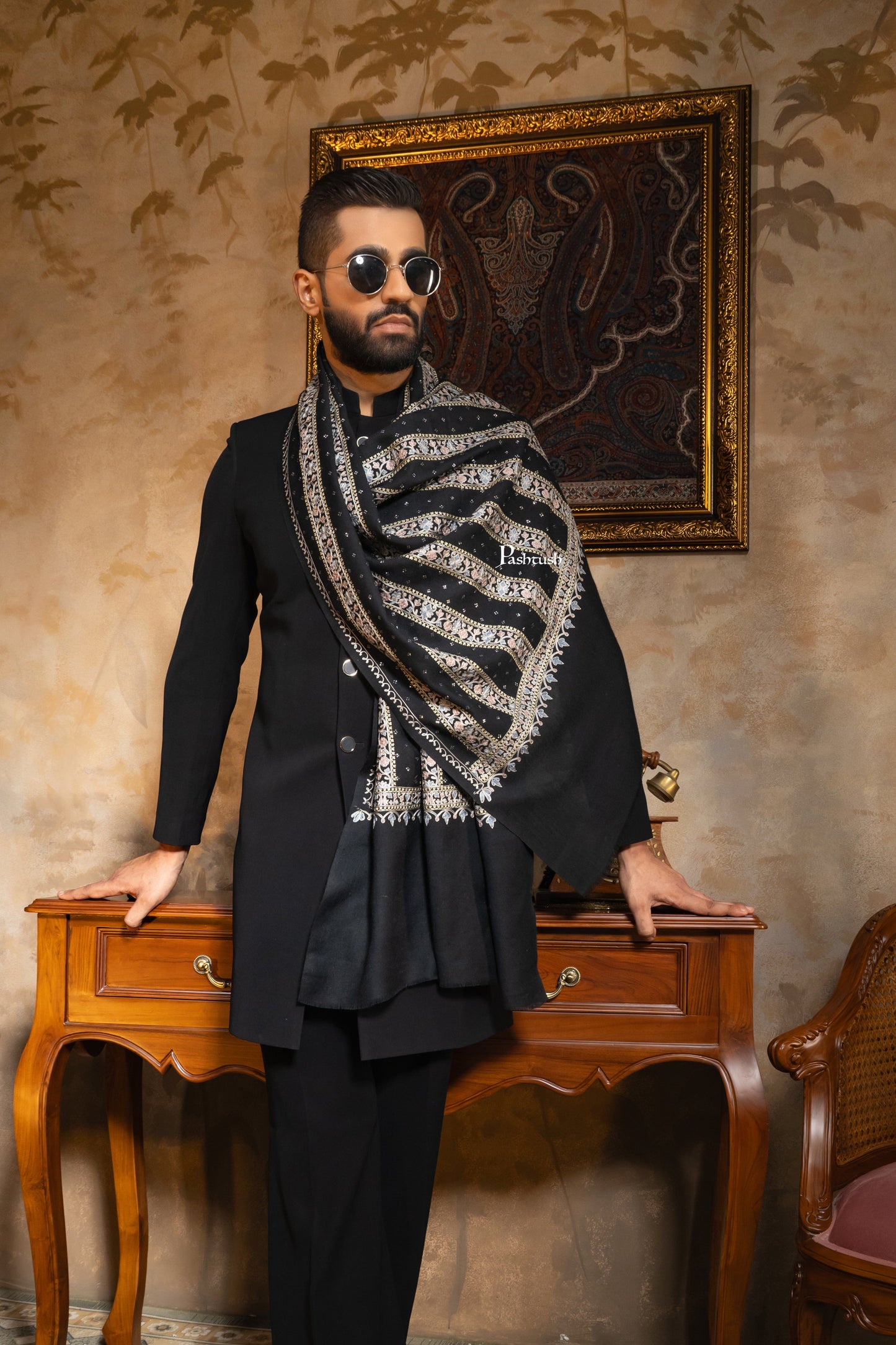 Pashtush India Mens Scarves Stoles and Mufflers Pashtush Mens 100% Pure Wool With Woolmark Certificate Stole, Nalki Embroidery With Crystal Design, Black