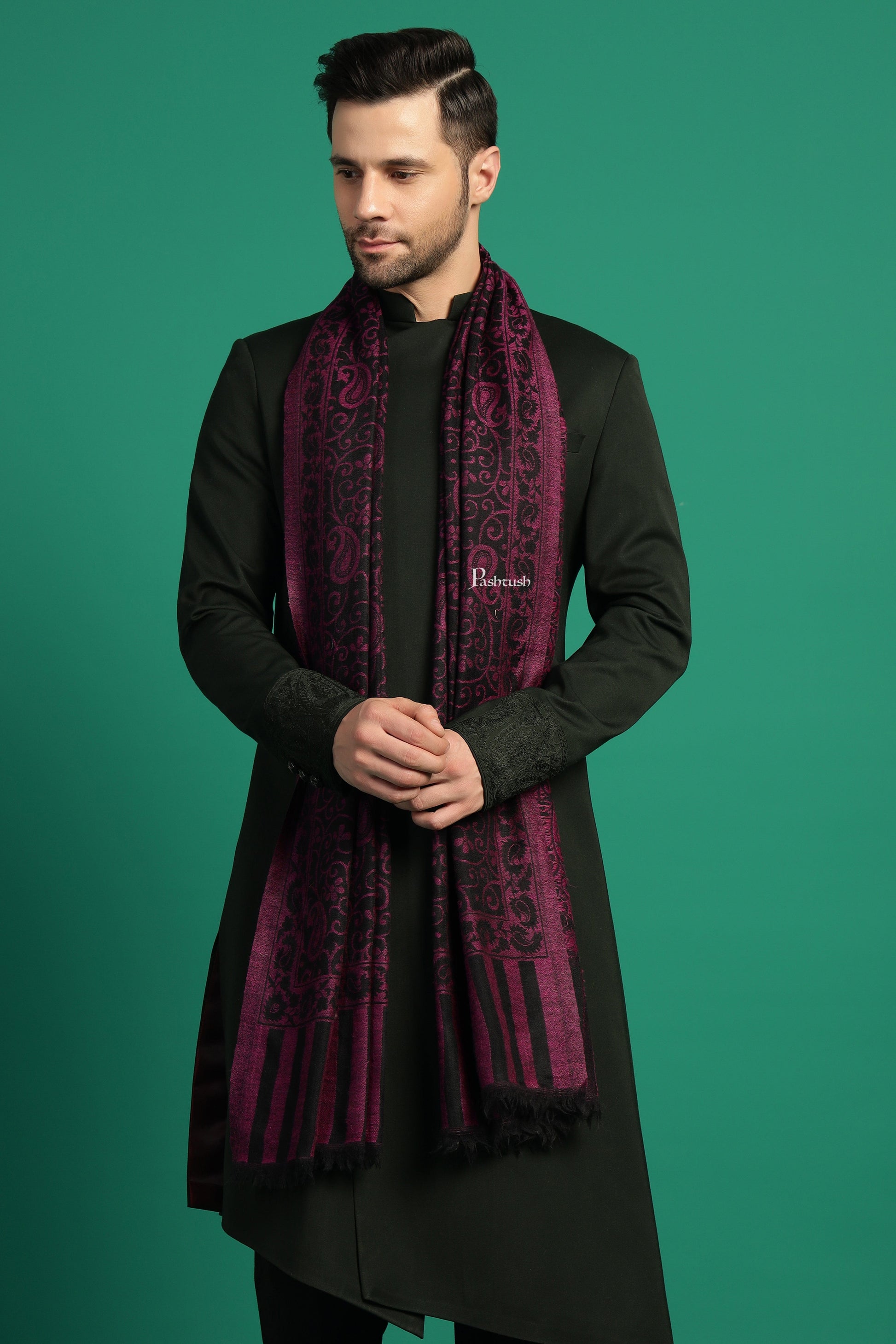 Pashtush India Mens Scarves Stoles and Mufflers Pashtush Mens 100% Pure Wool With Woolmark Certificate Stole, Paisley Design, Black