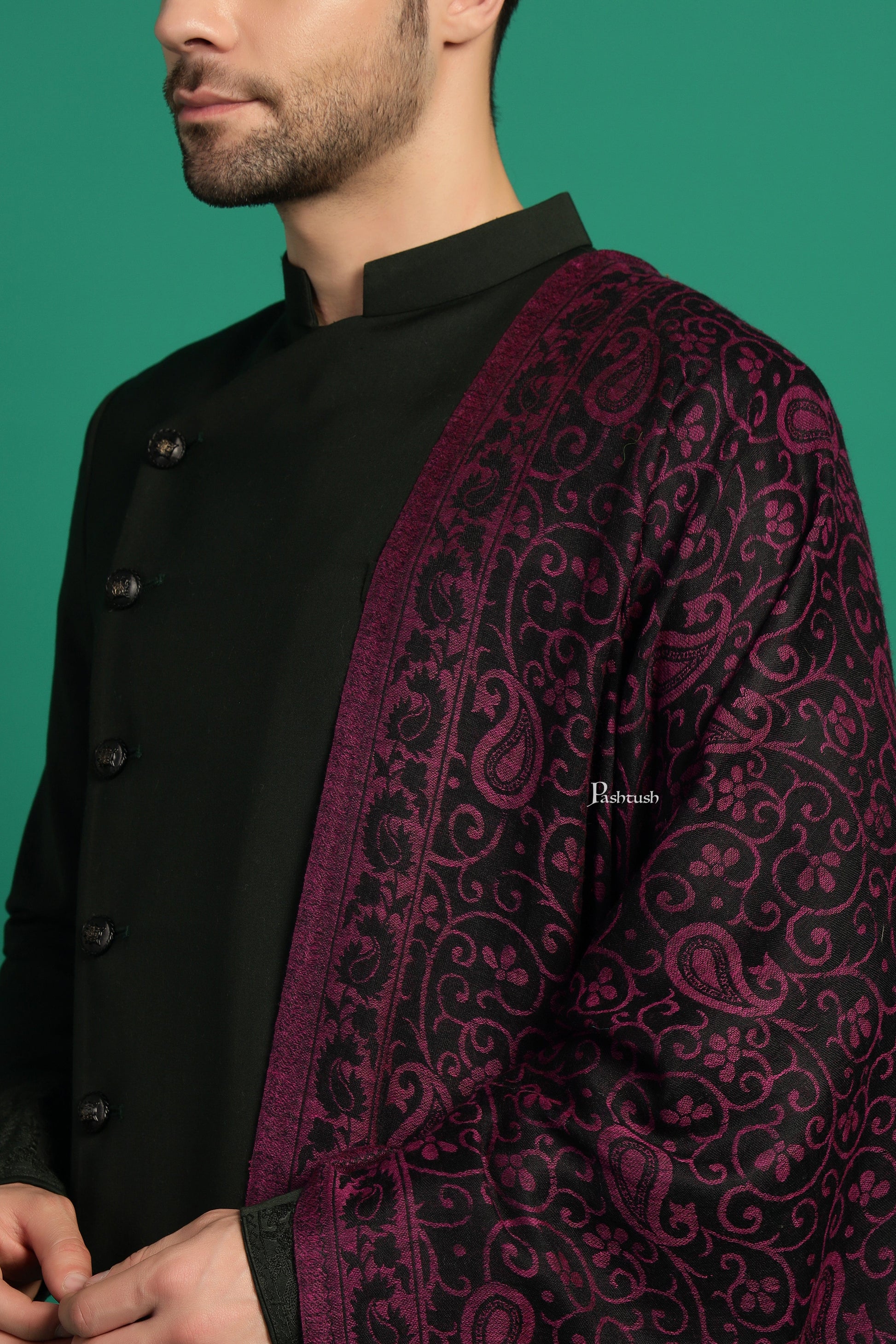 Pashtush India Mens Scarves Stoles and Mufflers Pashtush Mens 100% Pure Wool With Woolmark Certificate Stole, Paisley Design, Black