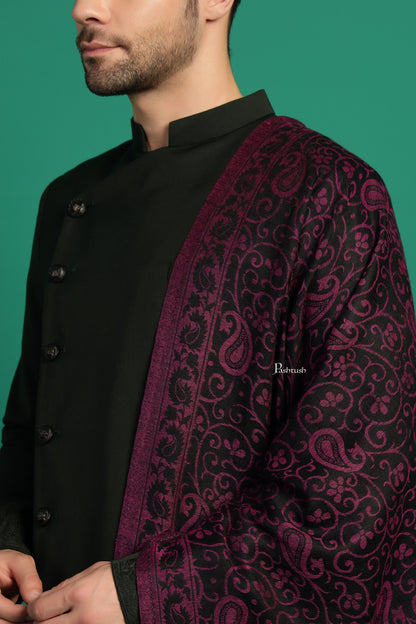 Pashtush India Mens Scarves Stoles and Mufflers Pashtush Mens 100% Pure Wool With Woolmark Certificate Stole, Paisley Design, Black