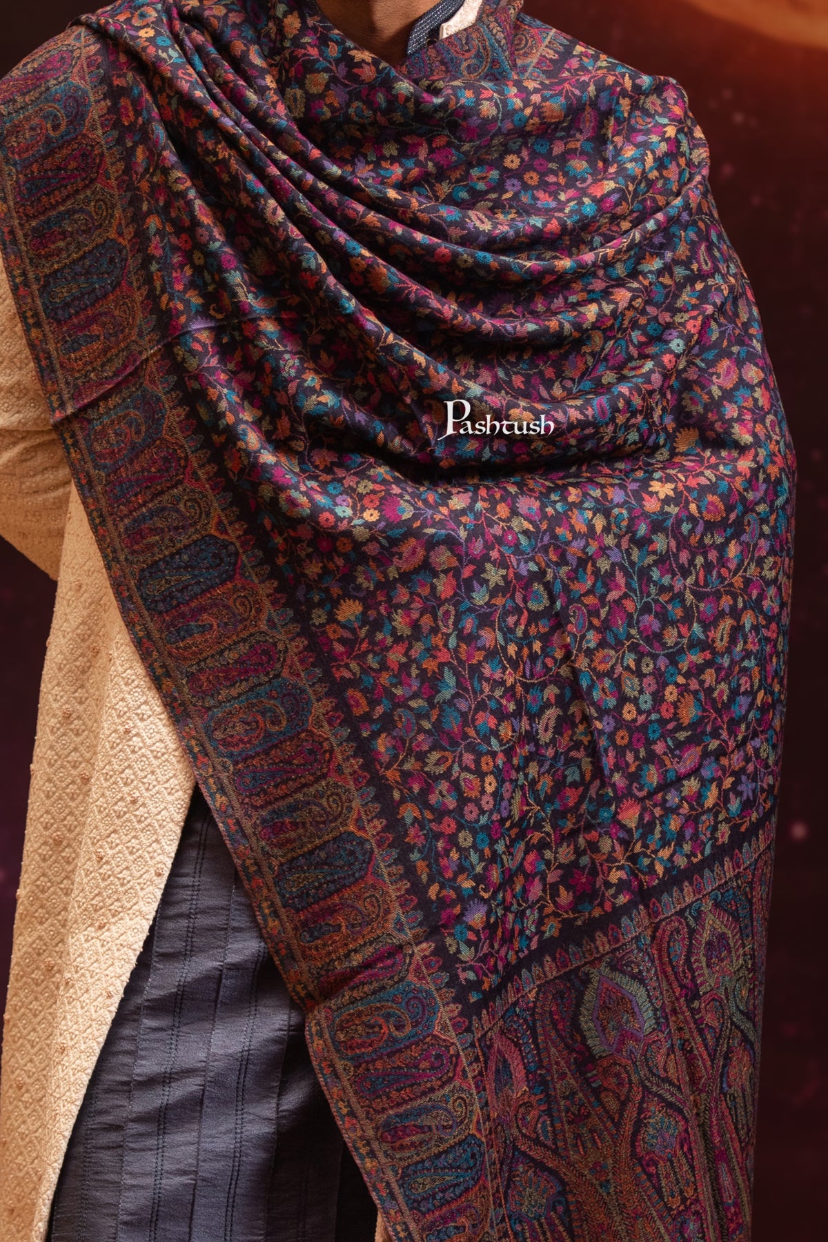 Pashtush India Mens Stoles and Scarves Scarf Pashtush Mens 100% Pure Wool With Woolmark Certificate Stole, Paisley Design, Blue