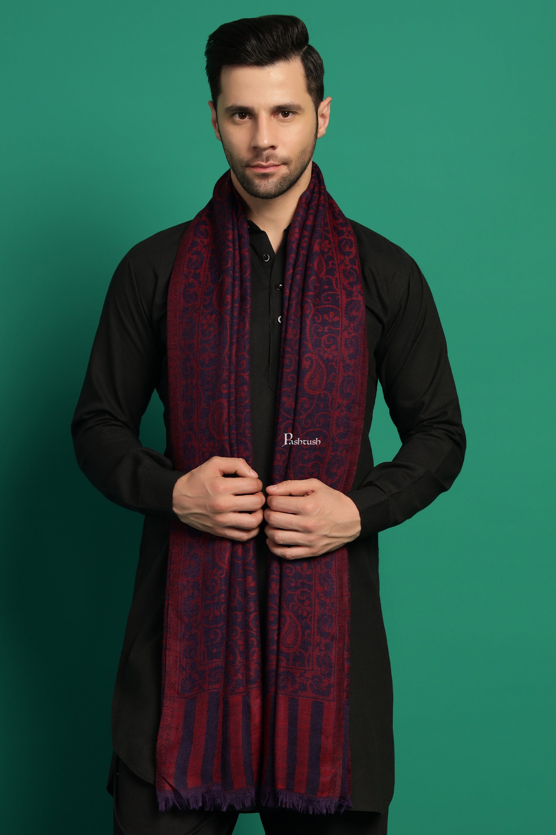 Pashtush India Mens Scarves Stoles and Mufflers Pashtush Mens 100% Pure Wool With Woolmark Certificate Stole, Paisley Design, Blue