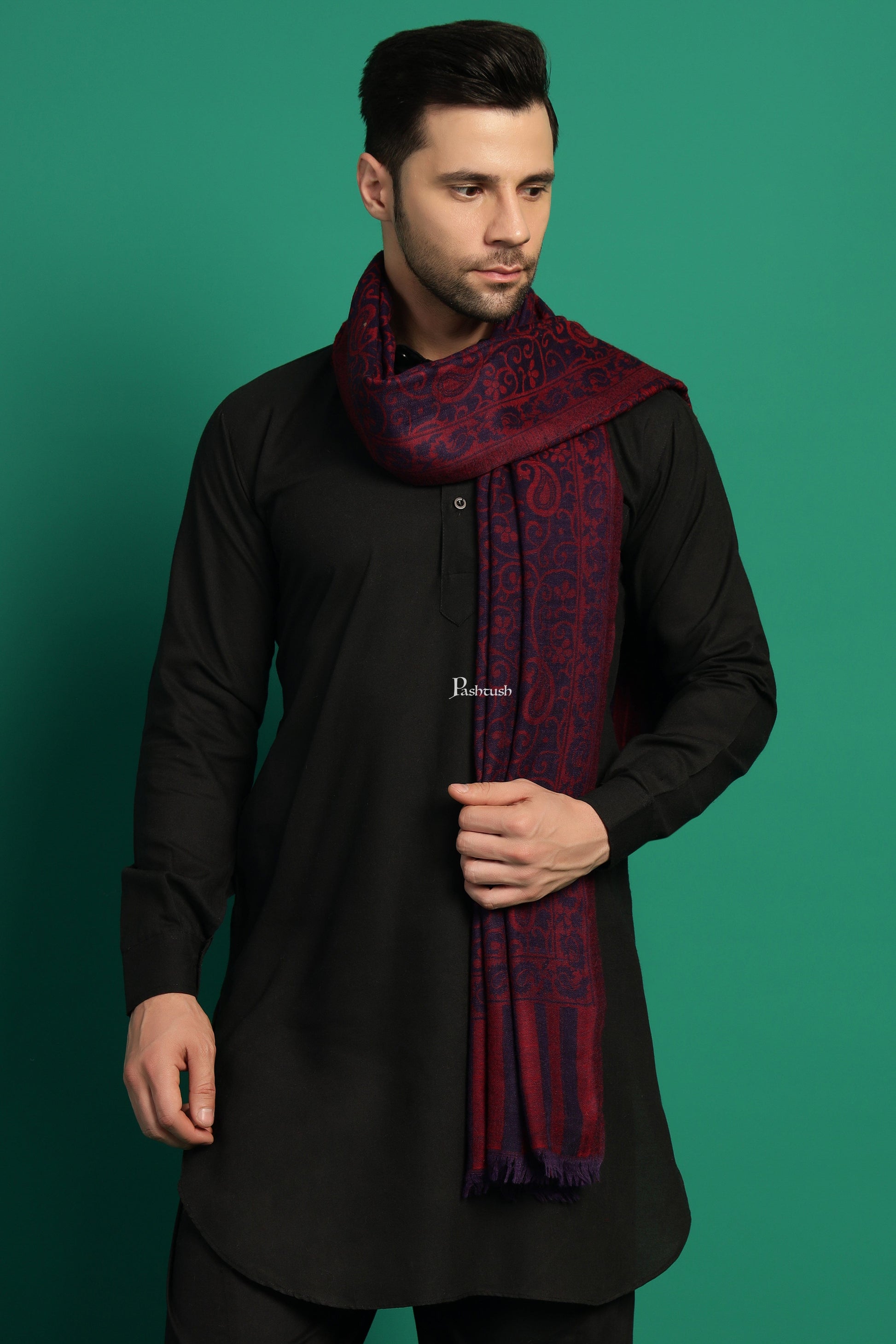 Pashtush India Mens Scarves Stoles and Mufflers Pashtush Mens 100% Pure Wool With Woolmark Certificate Stole, Paisley Design, Blue