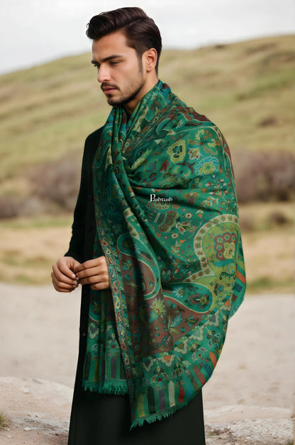 Pashtush India Mens Scarves Stoles and Mufflers Pashtush Mens 100% Pure Wool With Woolmark Certificate Stole, Paisley Design, Emerald Green