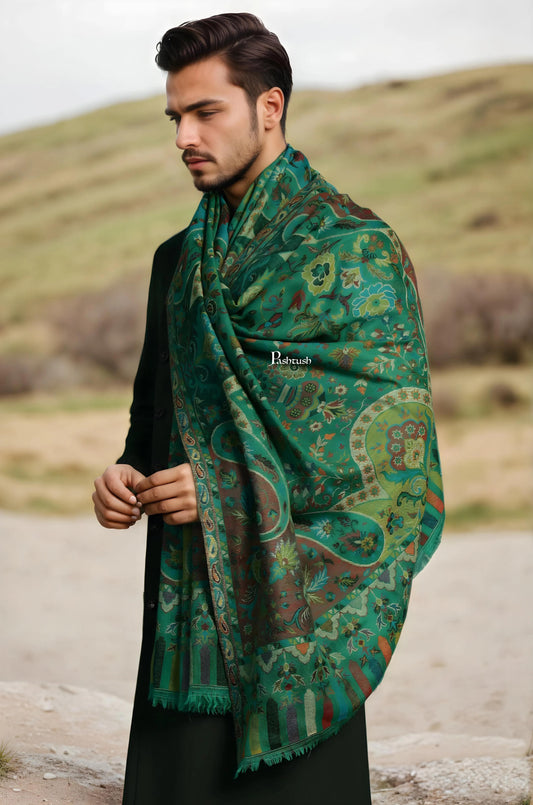 Pashtush India Mens Scarves Stoles and Mufflers Pashtush Mens 100% Pure Wool With Woolmark Certificate Stole, Paisley Design, Emerald Green