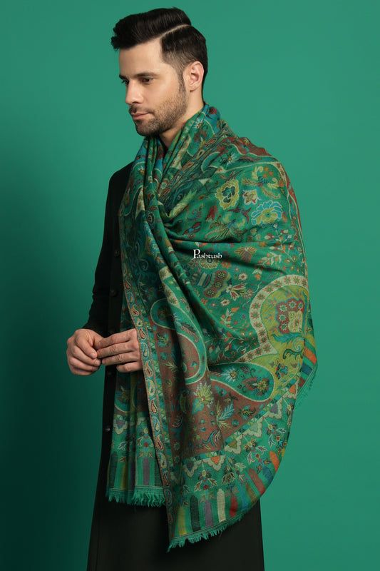Pashtush India Mens Scarves Stoles and Mufflers Pashtush Mens 100% Pure Wool With Woolmark Certificate Stole, Paisley Design, Green