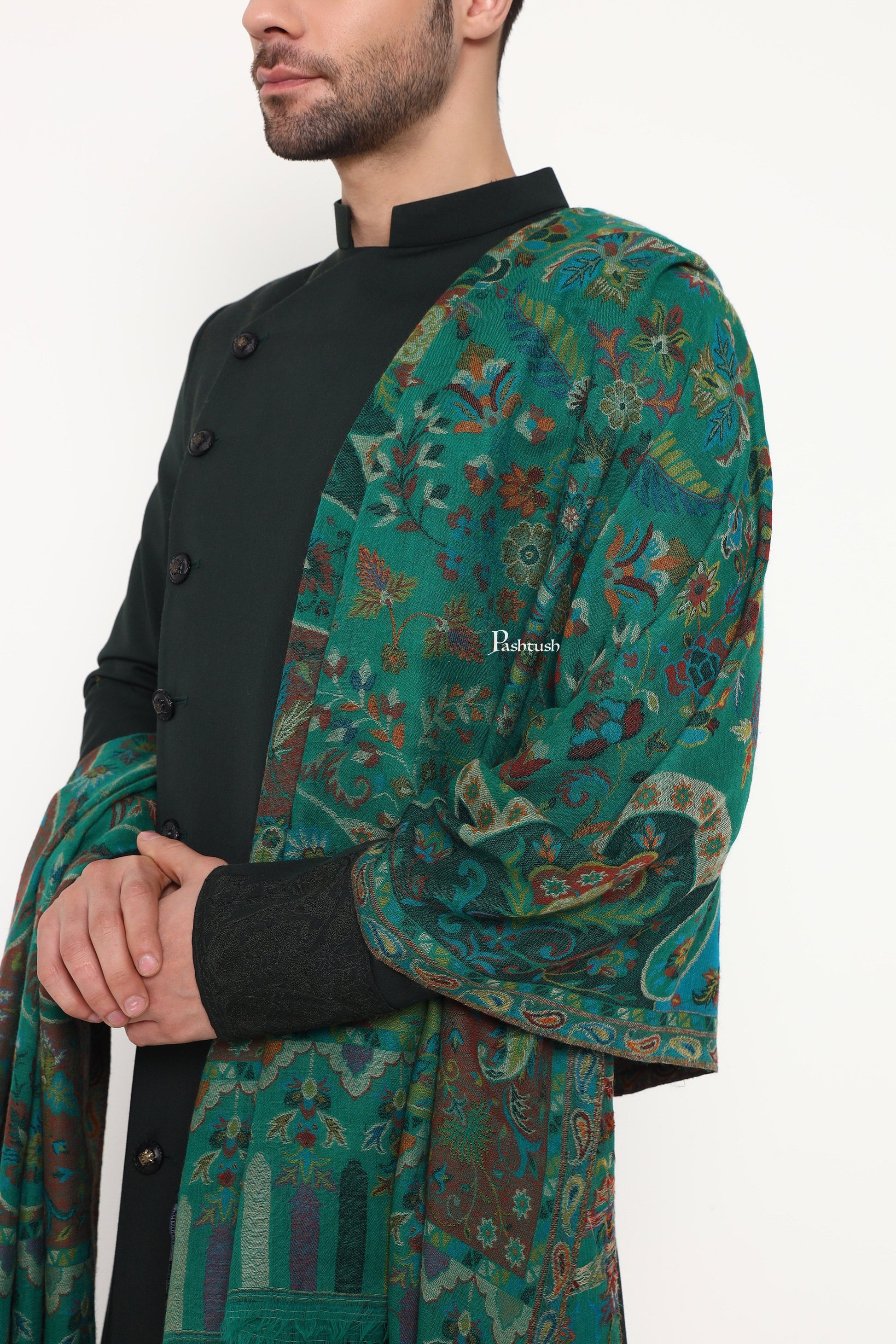 Pashtush India Mens Scarves Stoles and Mufflers Pashtush Mens 100% Pure Wool With Woolmark Certificate Stole, Paisley Design, Green
