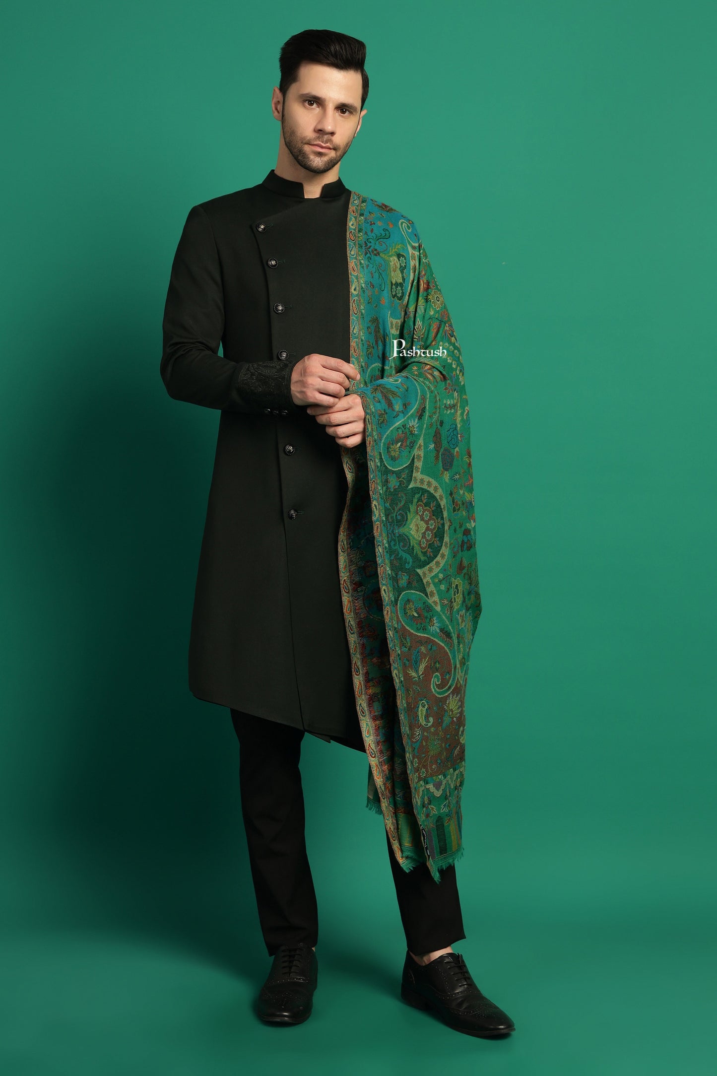 Pashtush India Mens Scarves Stoles and Mufflers Pashtush Mens 100% Pure Wool With Woolmark Certificate Stole, Paisley Design, Green